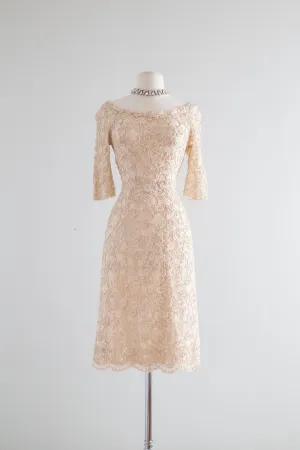 1950's Fine Corded Lace Fitted Cocktail Dress / Waist 27"