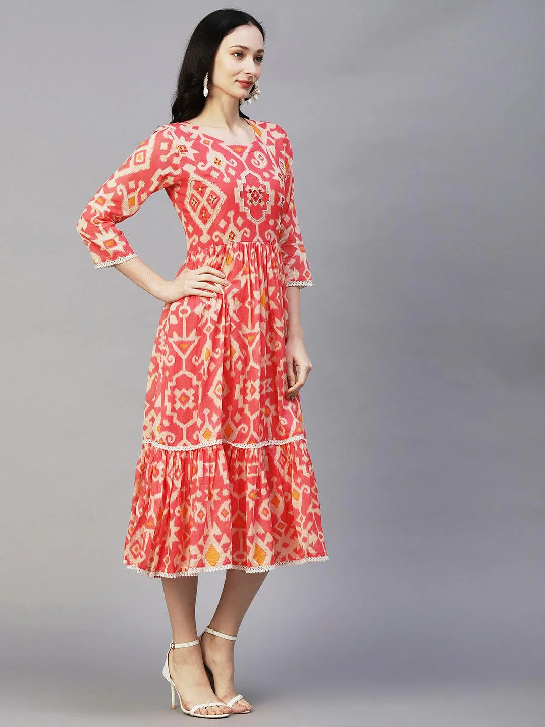 Abstract Ikkat Printed Beads & Resham Embroidered Frilled Midi Dress - Pink