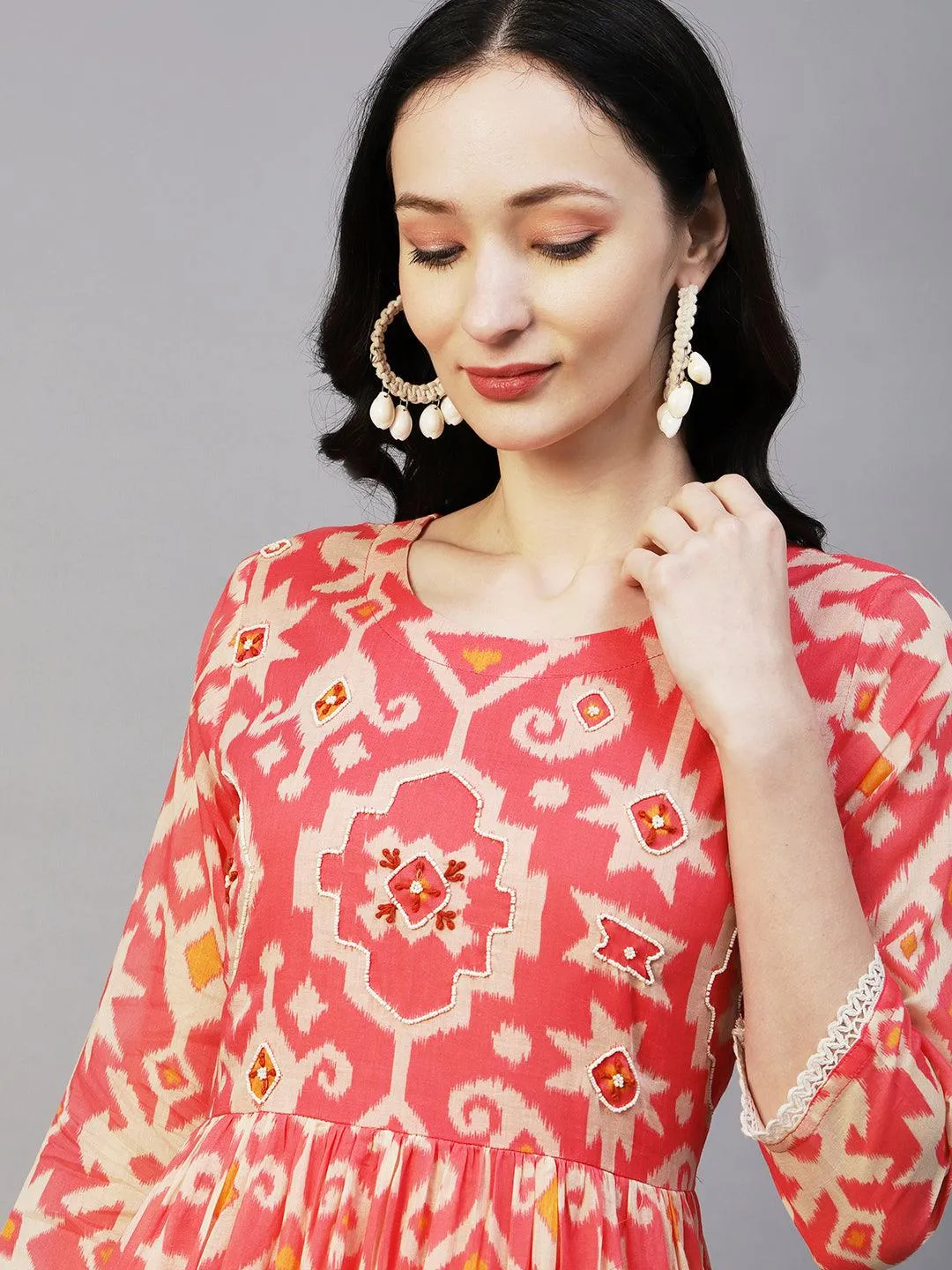 Abstract Ikkat Printed Beads & Resham Embroidered Frilled Midi Dress - Pink