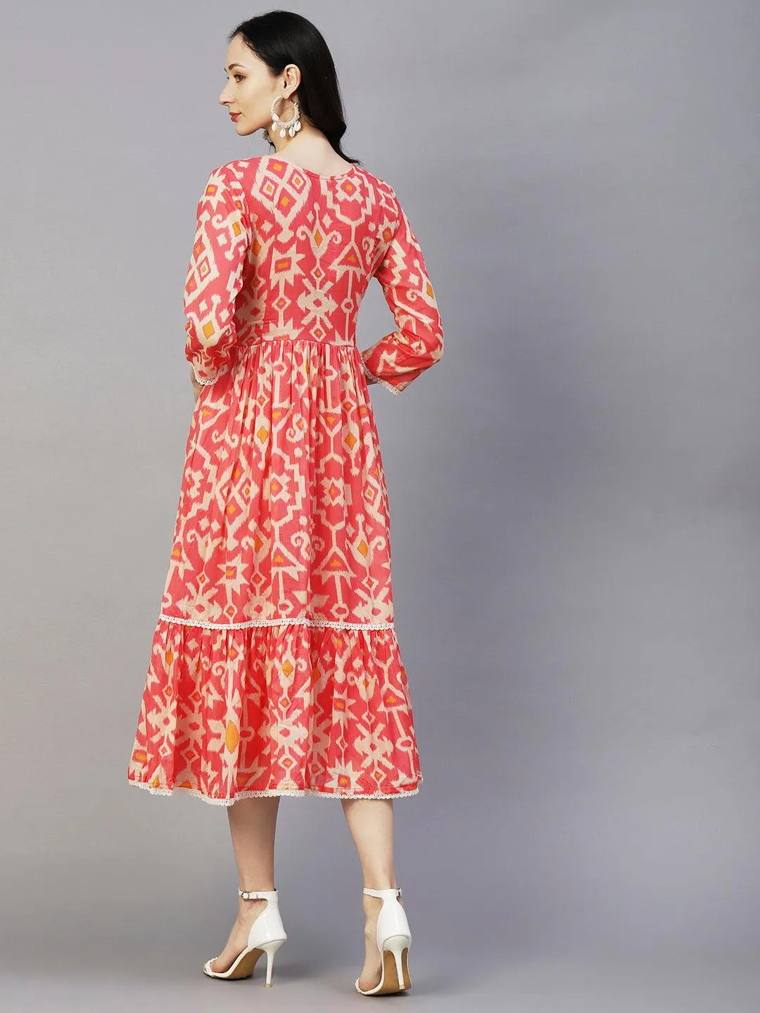 Abstract Ikkat Printed Beads & Resham Embroidered Frilled Midi Dress - Pink