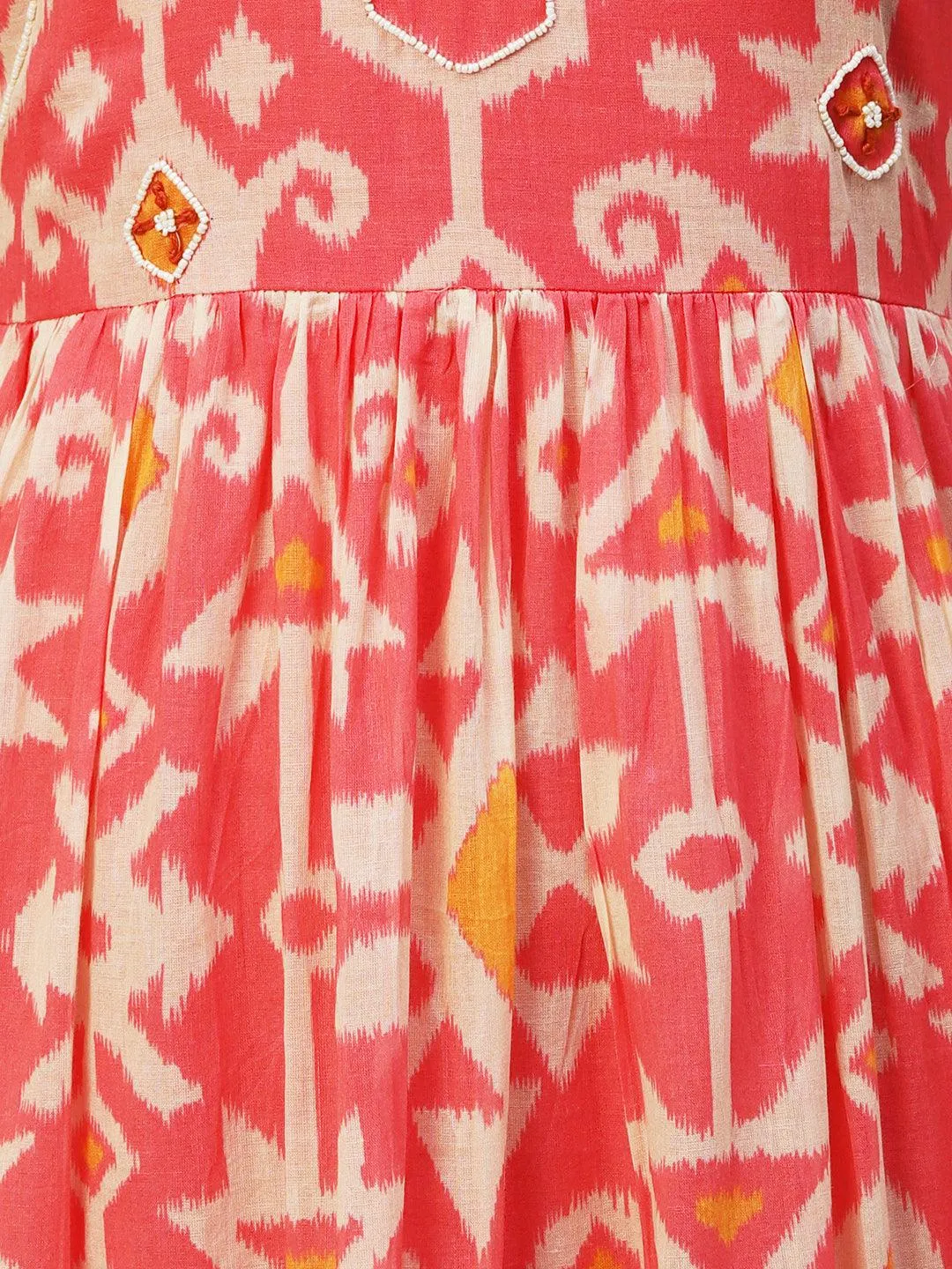 Abstract Ikkat Printed Beads & Resham Embroidered Frilled Midi Dress - Pink