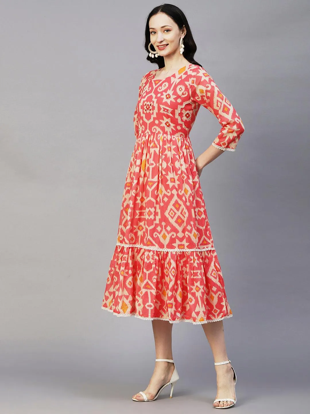 Abstract Ikkat Printed Beads & Resham Embroidered Frilled Midi Dress - Pink