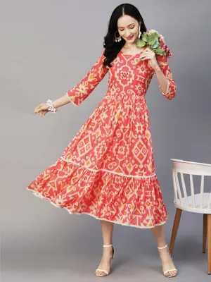 Abstract Ikkat Printed Beads & Resham Embroidered Frilled Midi Dress - Pink