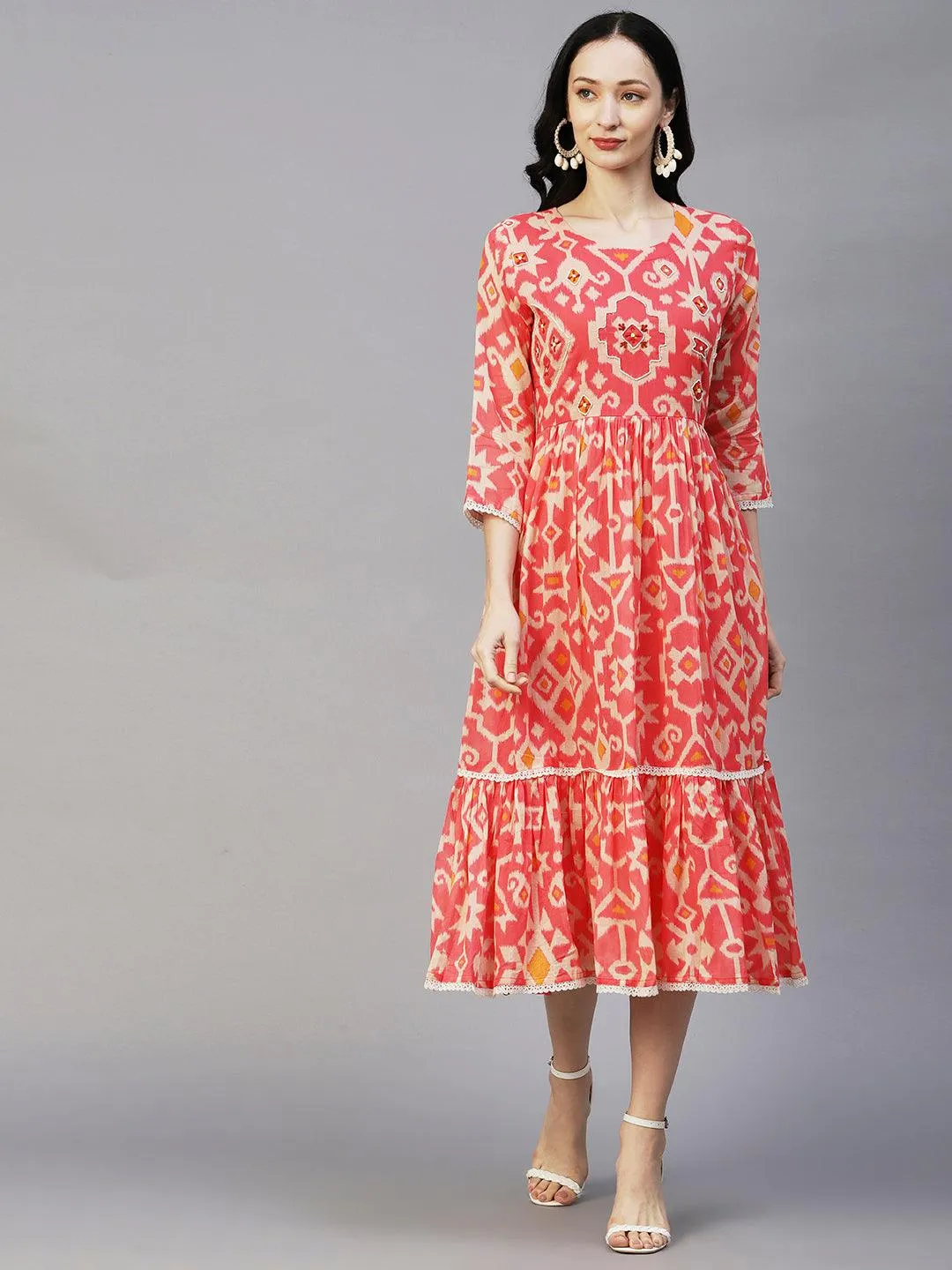 Abstract Ikkat Printed Beads & Resham Embroidered Frilled Midi Dress - Pink