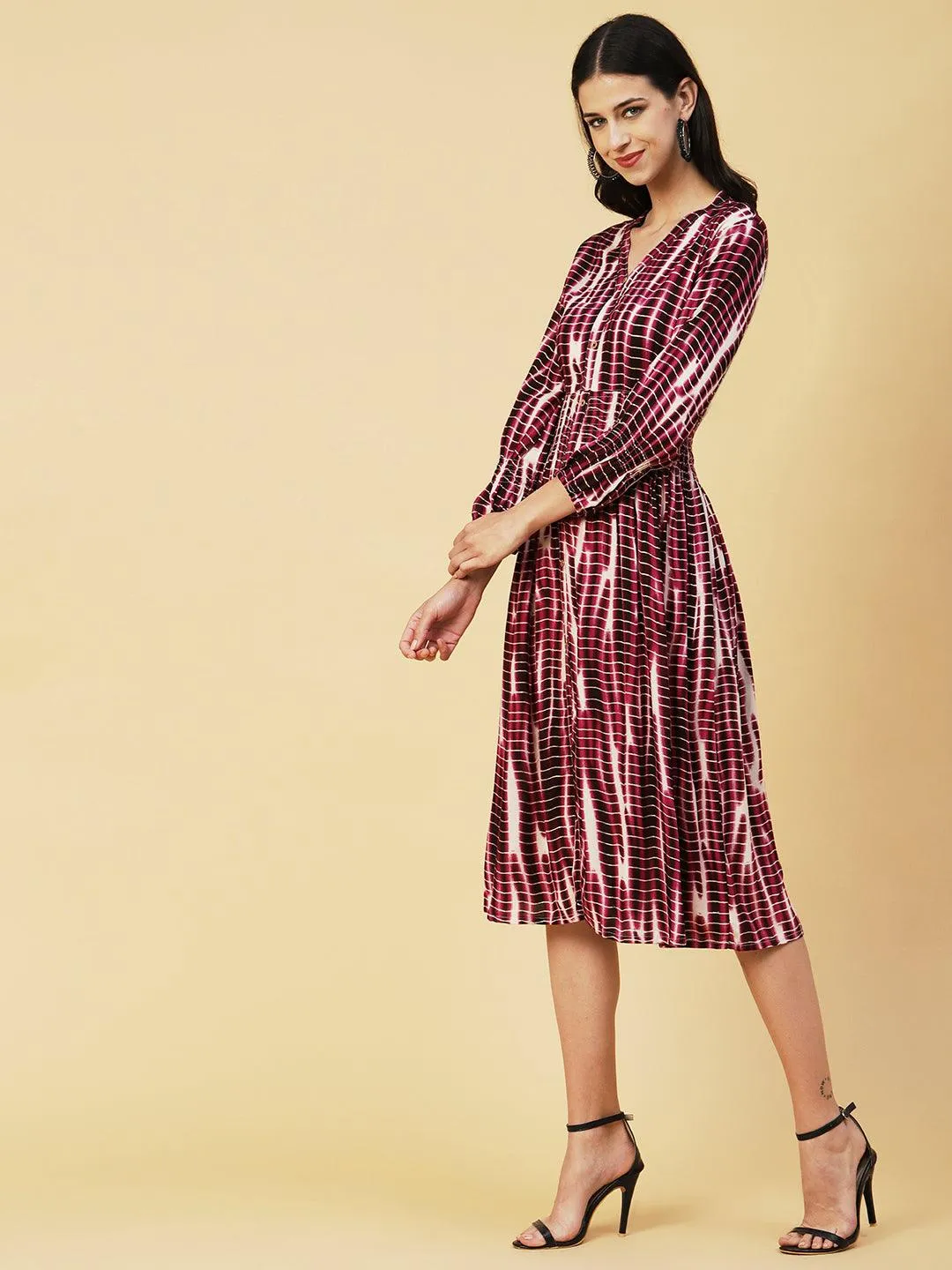 Abstract Printed Smocked Waistline & Sleeves Midi Dress - Mauve