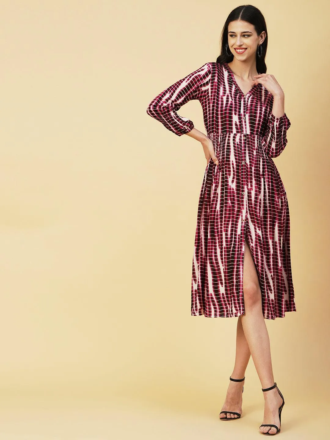 Abstract Printed Smocked Waistline & Sleeves Midi Dress - Mauve