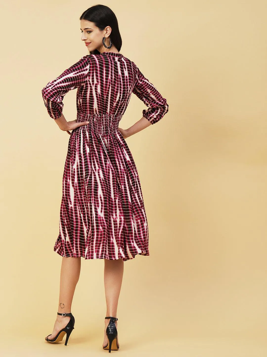Abstract Printed Smocked Waistline & Sleeves Midi Dress - Mauve