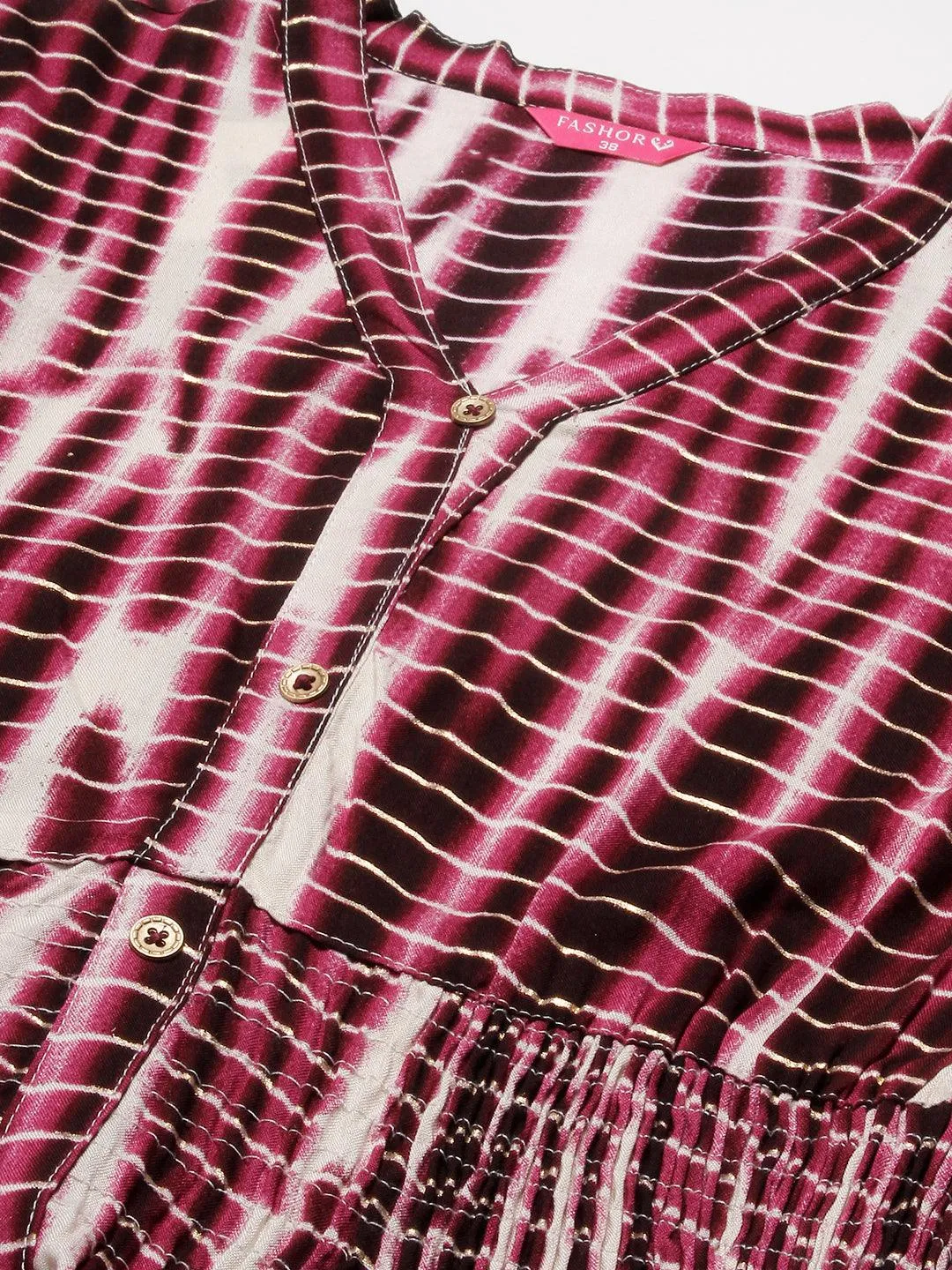 Abstract Printed Smocked Waistline & Sleeves Midi Dress - Mauve