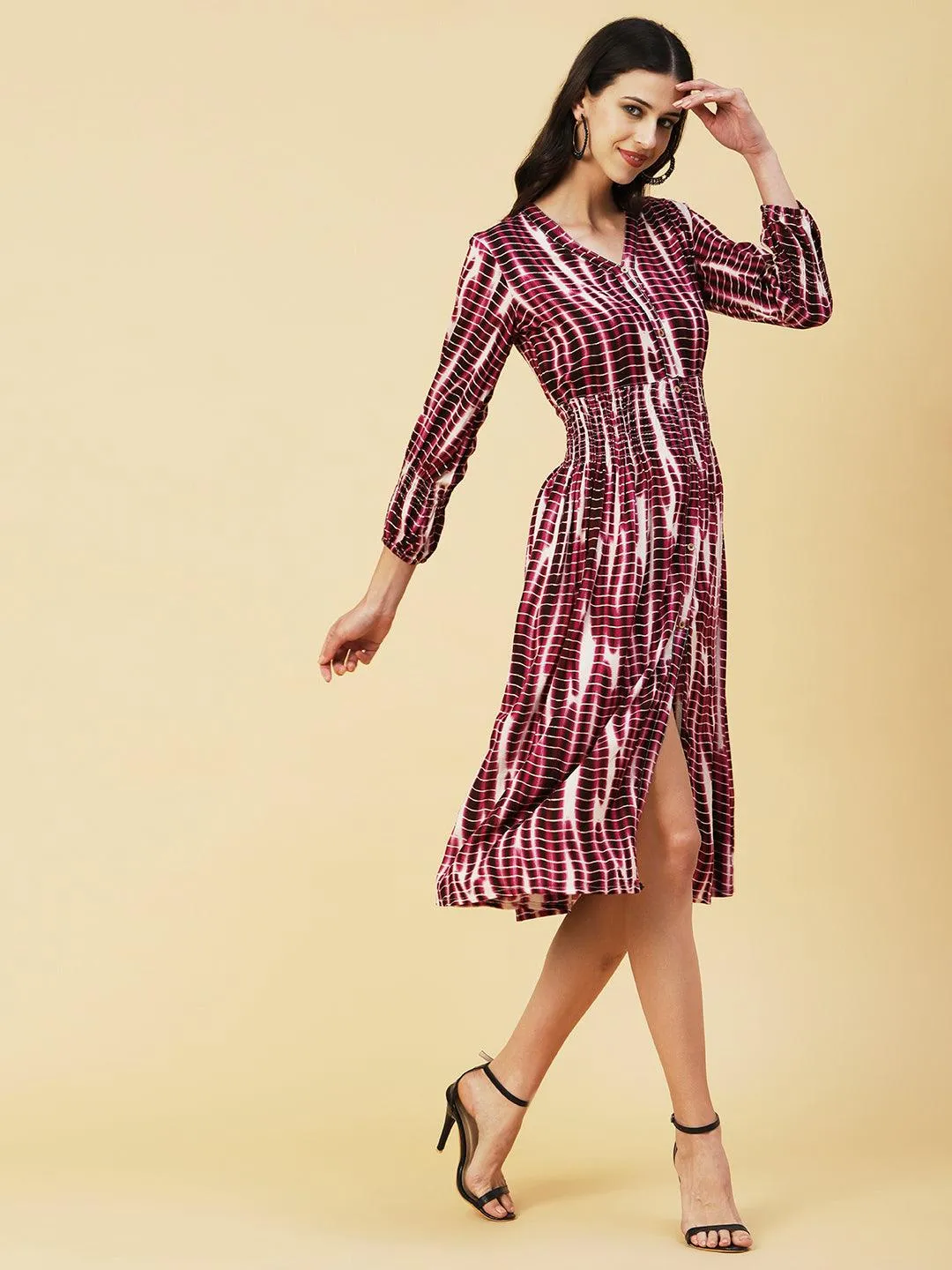 Abstract Printed Smocked Waistline & Sleeves Midi Dress - Mauve