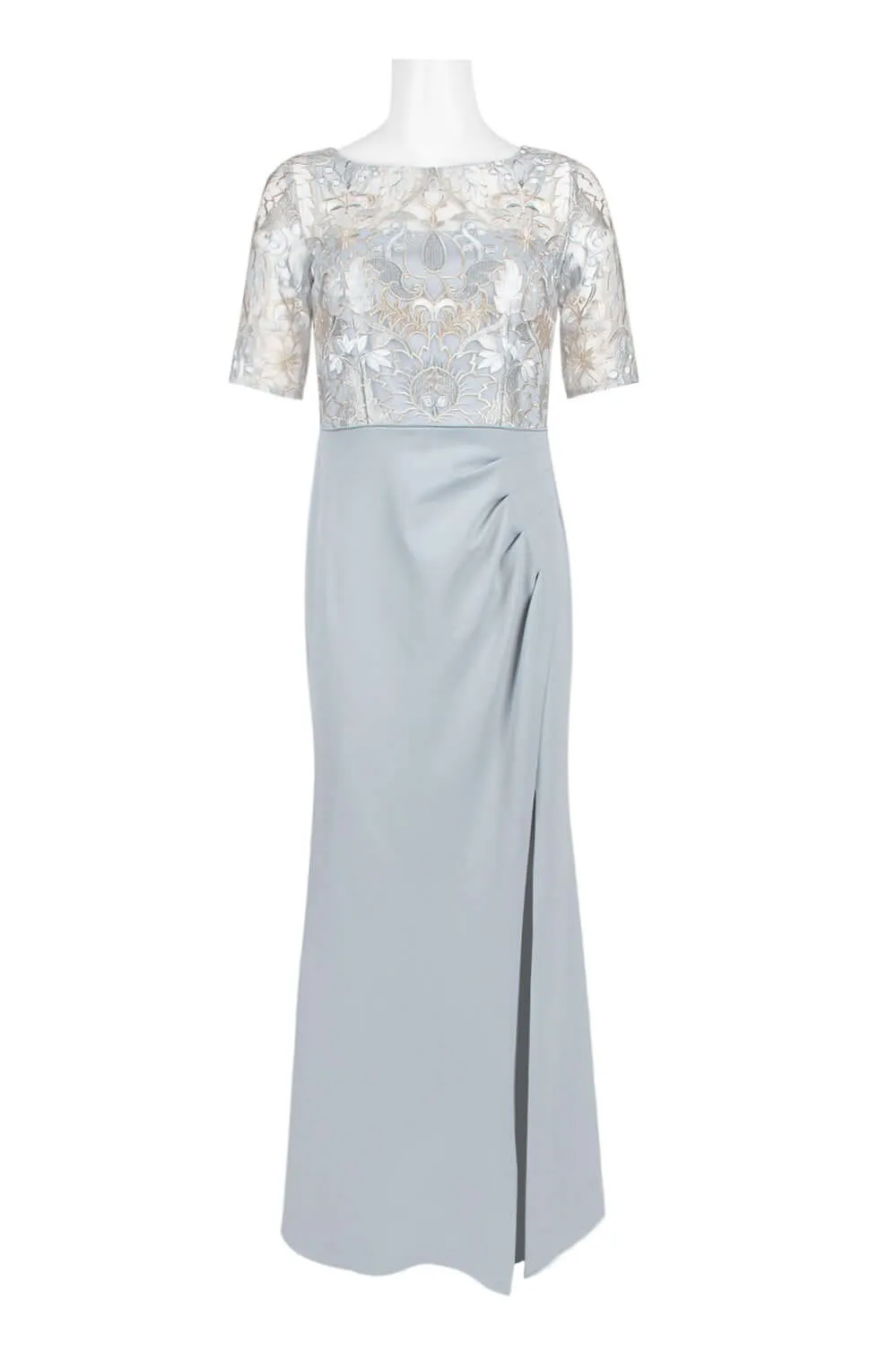 Adrianna Papell Boat Neck 3/4 Sleeve Pleated Slit Zipper Back Embroidered Bodice Mesh Dress
