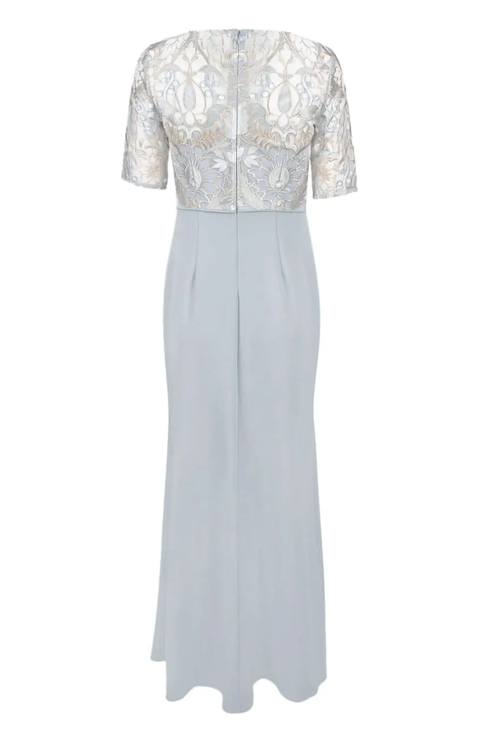 Adrianna Papell Boat Neck 3/4 Sleeve Pleated Slit Zipper Back Embroidered Bodice Mesh Dress