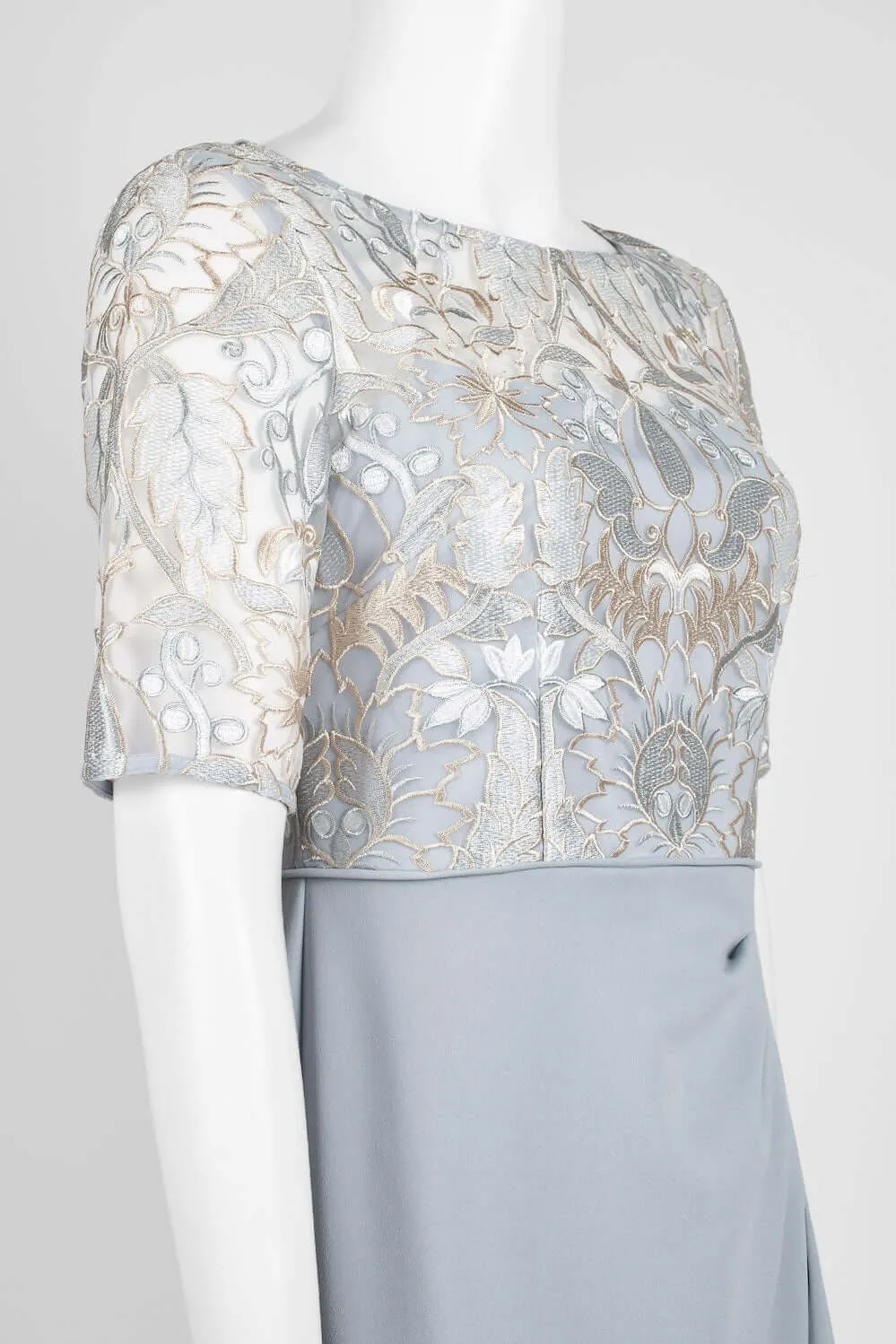 Adrianna Papell Boat Neck 3/4 Sleeve Pleated Slit Zipper Back Embroidered Bodice Mesh Dress