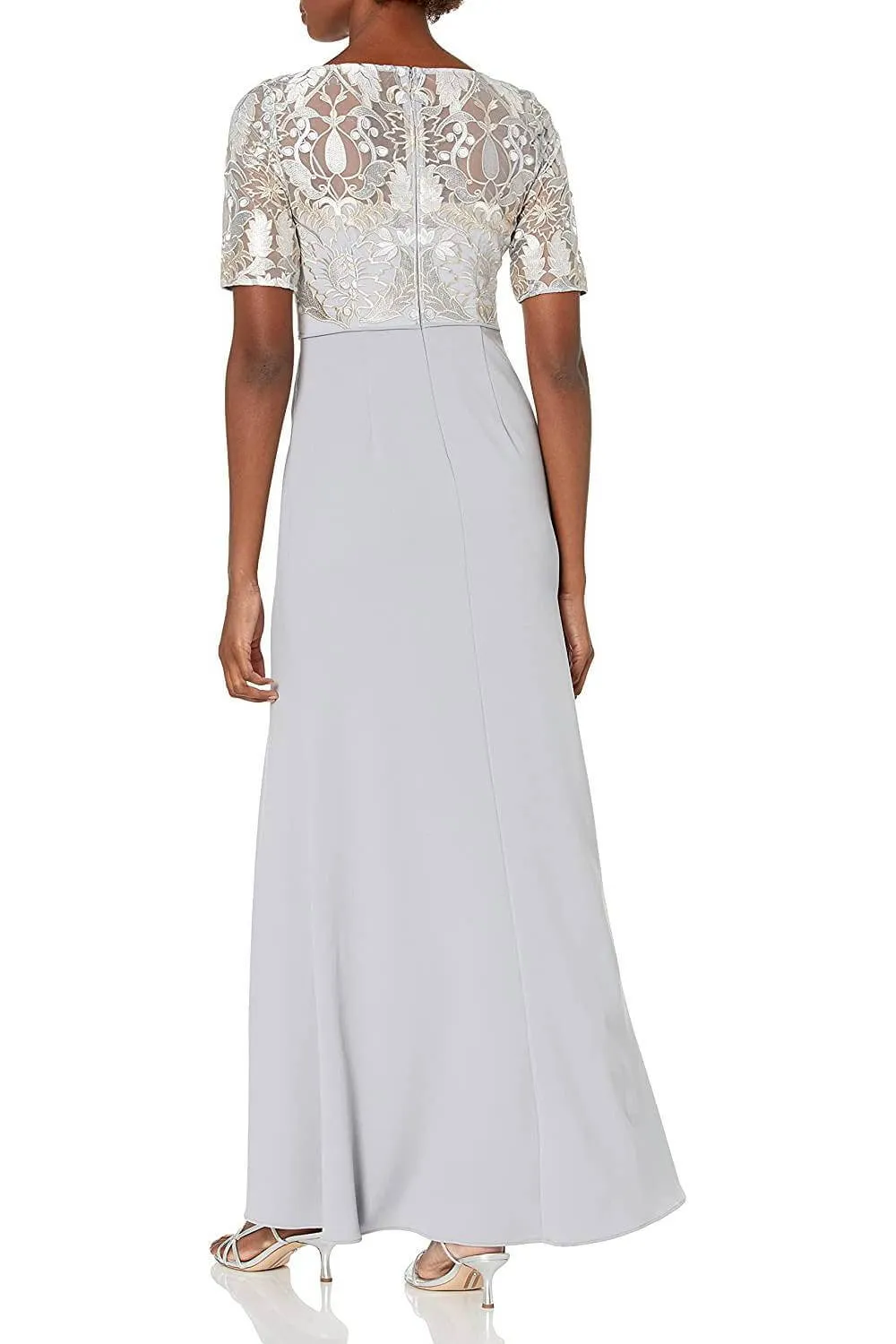 Adrianna Papell Boat Neck 3/4 Sleeve Pleated Slit Zipper Back Embroidered Bodice Mesh Dress
