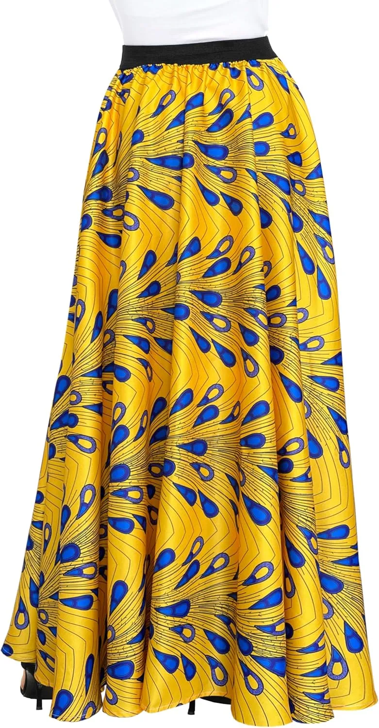 Afibi Women African Skirt Printed Ankara Maxi Skirt Dashiki Long Skirts with Pockets