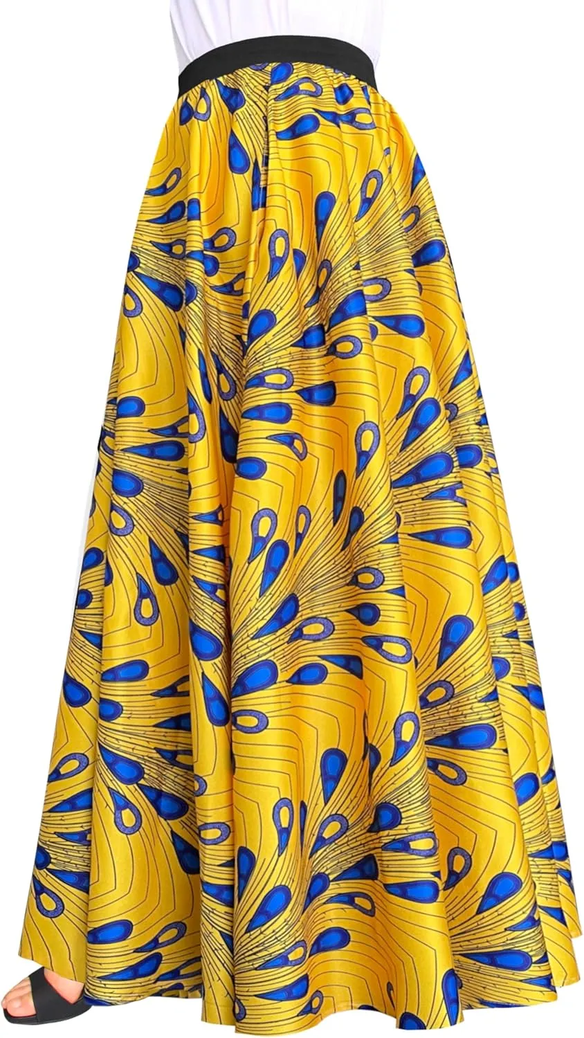 Afibi Women African Skirt Printed Ankara Maxi Skirt Dashiki Long Skirts with Pockets