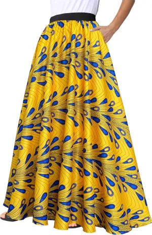 Afibi Women African Skirt Printed Ankara Maxi Skirt Dashiki Long Skirts with Pockets