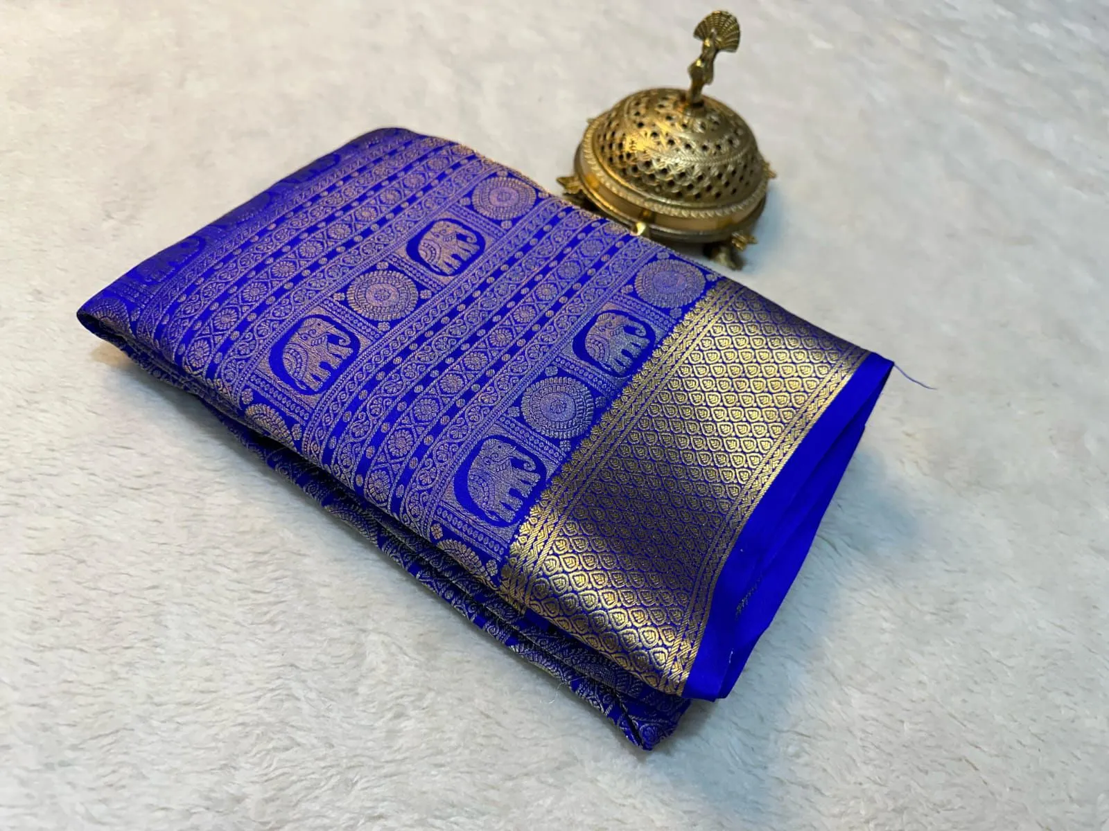 Alluring Ink Blue Colored Silk Brocode Fabric With Zari Work For Women