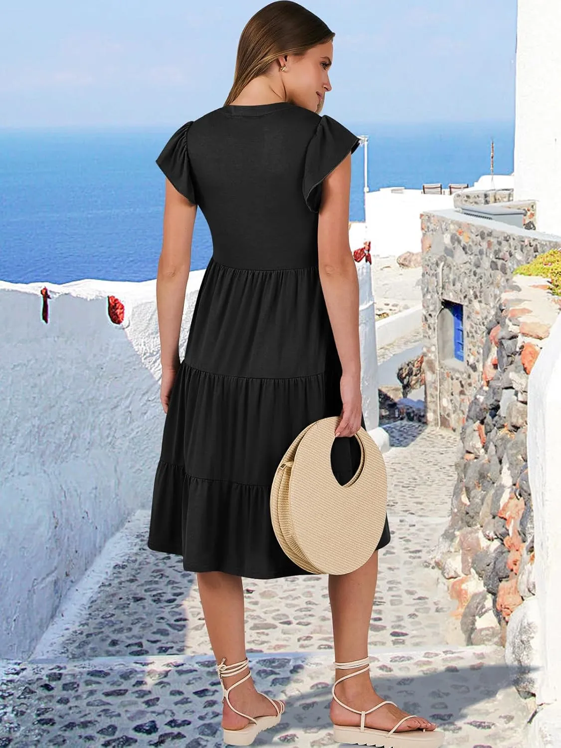 ANRABESS Womens Summer Dress Ruffle Sleeve V Neck Midi Dresses Fashion Casual Fit Flowy Tiered Boho Beach Vacation Sundress
