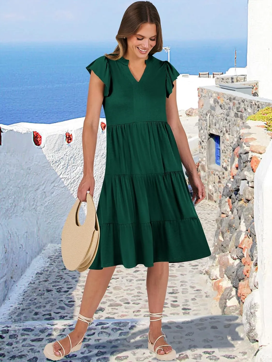 ANRABESS Womens Summer Dress Ruffle Sleeve V Neck Midi Dresses Fashion Casual Fit Flowy Tiered Boho Beach Vacation Sundress