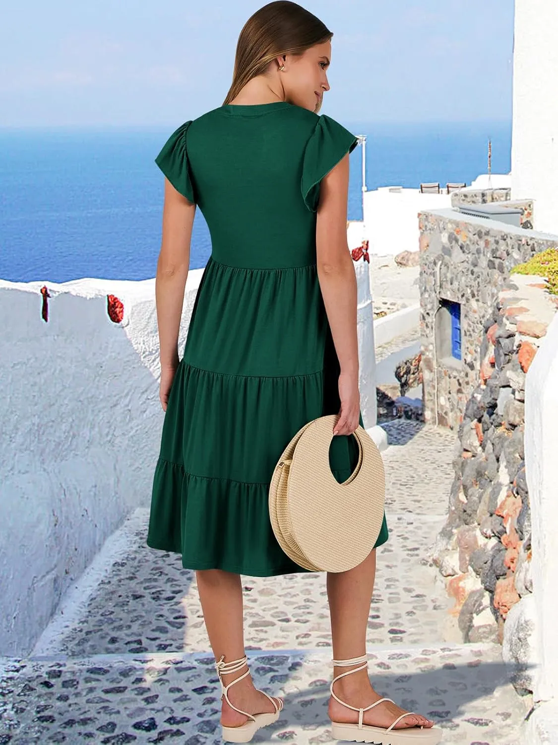 ANRABESS Womens Summer Dress Ruffle Sleeve V Neck Midi Dresses Fashion Casual Fit Flowy Tiered Boho Beach Vacation Sundress