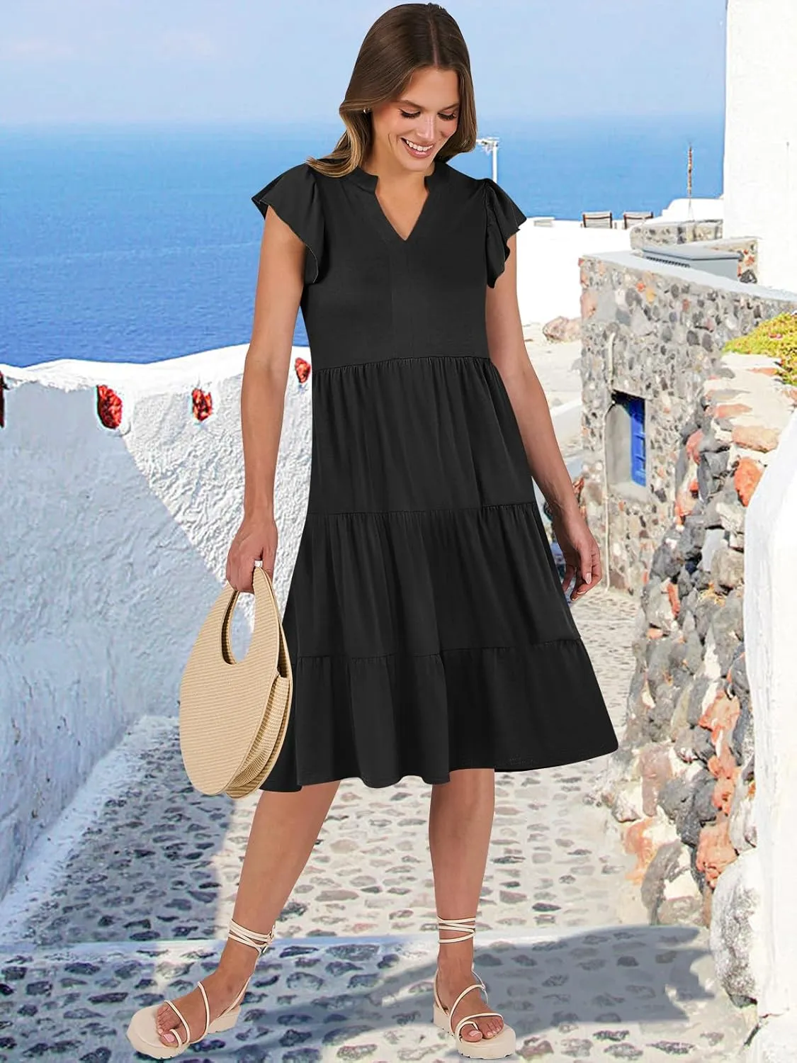 ANRABESS Womens Summer Dress Ruffle Sleeve V Neck Midi Dresses Fashion Casual Fit Flowy Tiered Boho Beach Vacation Sundress