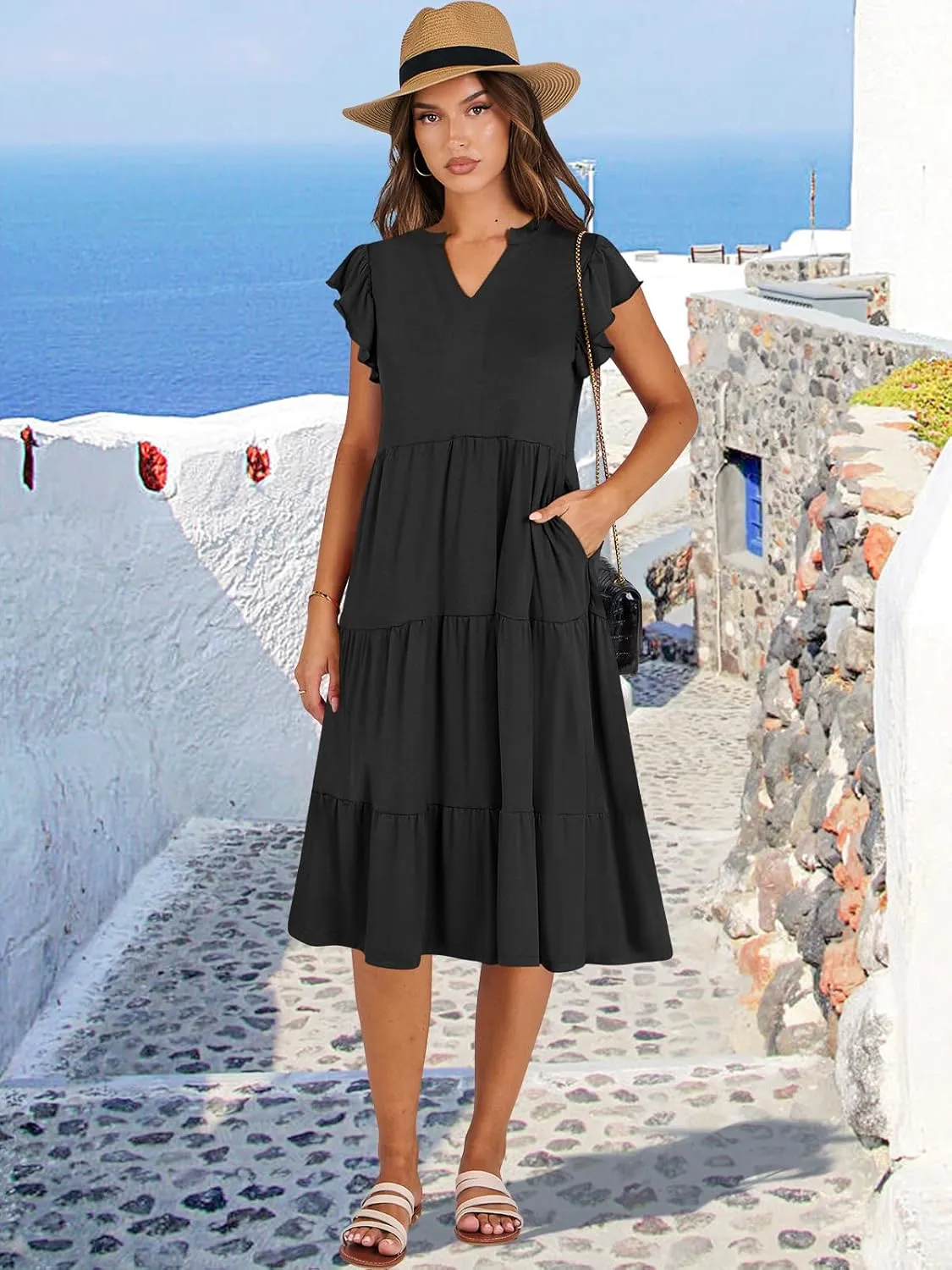 ANRABESS Womens Summer Dress Ruffle Sleeve V Neck Midi Dresses Fashion Casual Fit Flowy Tiered Boho Beach Vacation Sundress