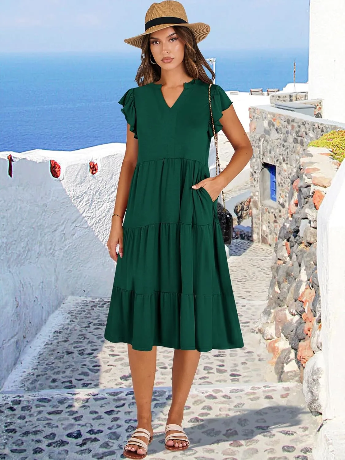 ANRABESS Womens Summer Dress Ruffle Sleeve V Neck Midi Dresses Fashion Casual Fit Flowy Tiered Boho Beach Vacation Sundress