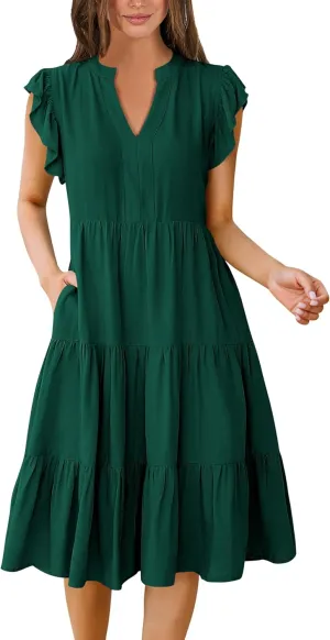 ANRABESS Womens Summer Dress Ruffle Sleeve V Neck Midi Dresses Fashion Casual Fit Flowy Tiered Boho Beach Vacation Sundress