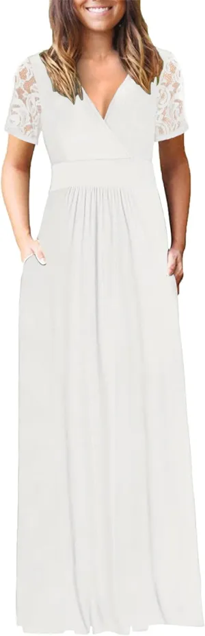 AUSELILY Womens Maxi Dress 2025 Summer Lace Short Sleeve V Neck Wrap Waist Long Dresses with Pockets