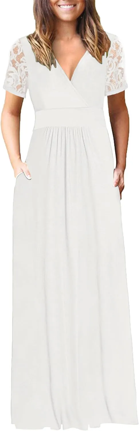 AUSELILY Womens Maxi Dress 2025 Summer Lace Short Sleeve V Neck Wrap Waist Long Dresses with Pockets