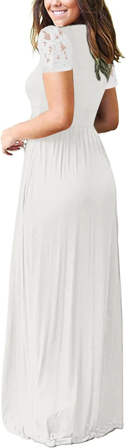 AUSELILY Womens Maxi Dress 2025 Summer Lace Short Sleeve V Neck Wrap Waist Long Dresses with Pockets