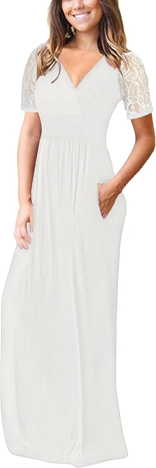 AUSELILY Womens Maxi Dress 2025 Summer Lace Short Sleeve V Neck Wrap Waist Long Dresses with Pockets