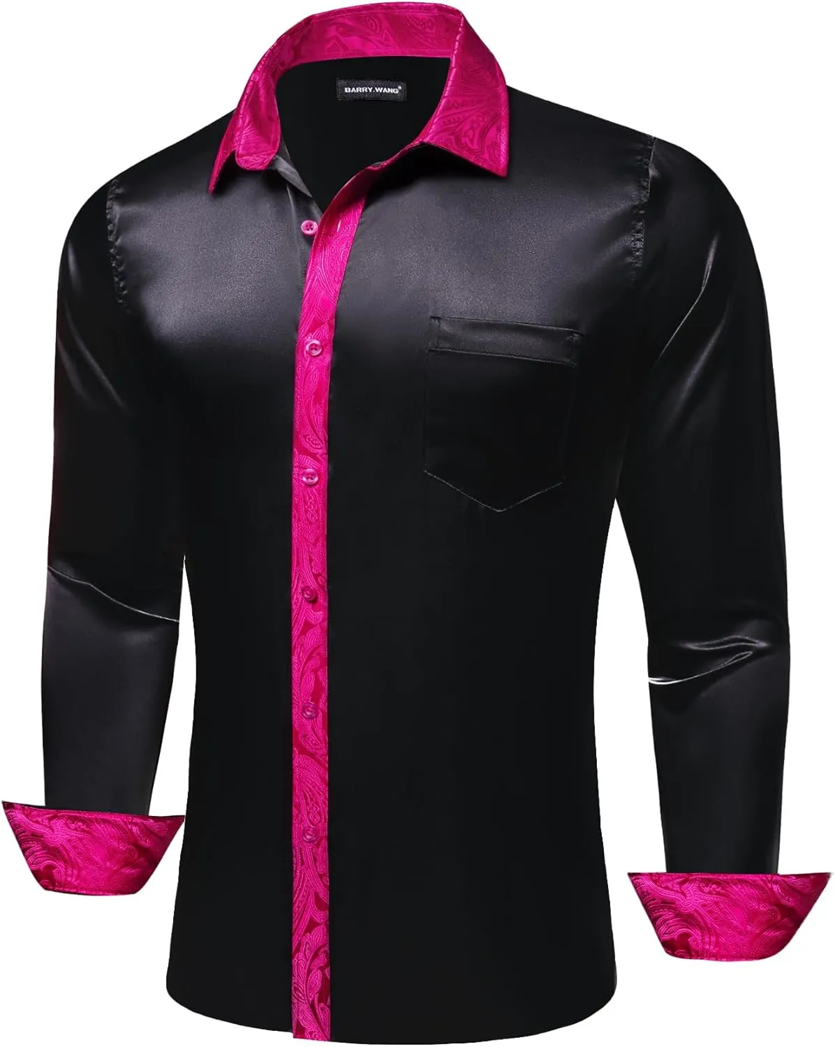 Barry.Wang Mens Satin Silk Shirts Long Sleeve Designer Dress Shirt Shiny Untucked Casual Button Down Shirt Party Disco Formal