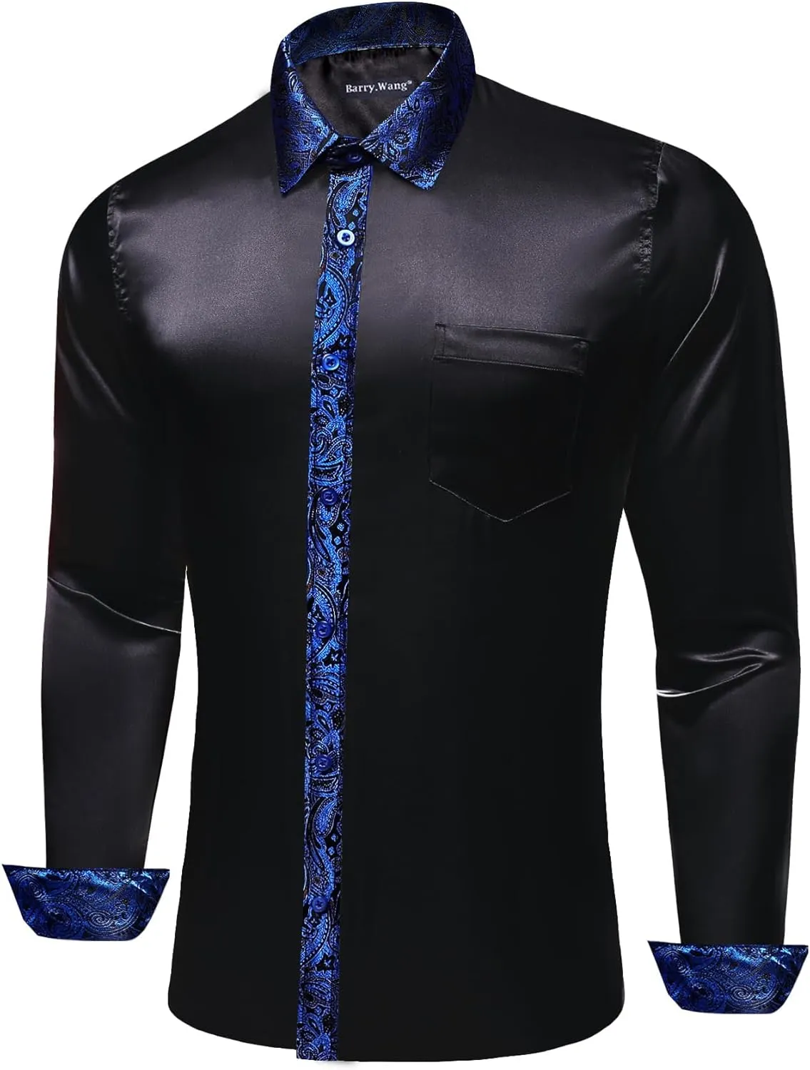 Barry.Wang Mens Satin Silk Shirts Long Sleeve Designer Dress Shirt Shiny Untucked Casual Button Down Shirt Party Disco Formal