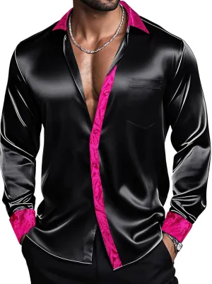 Barry.Wang Mens Satin Silk Shirts Long Sleeve Designer Dress Shirt Shiny Untucked Casual Button Down Shirt Party Disco Formal
