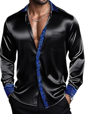 Barry.Wang Mens Satin Silk Shirts Long Sleeve Designer Dress Shirt Shiny Untucked Casual Button Down Shirt Party Disco Formal