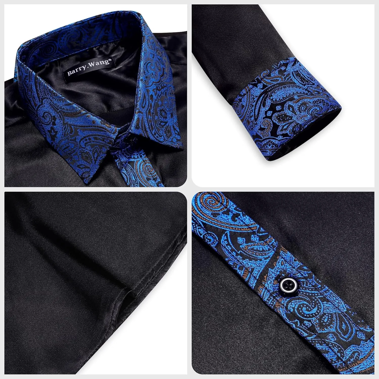 Barry.Wang Mens Satin Silk Shirts Long Sleeve Designer Dress Shirt Shiny Untucked Casual Button Down Shirt Party Disco Formal