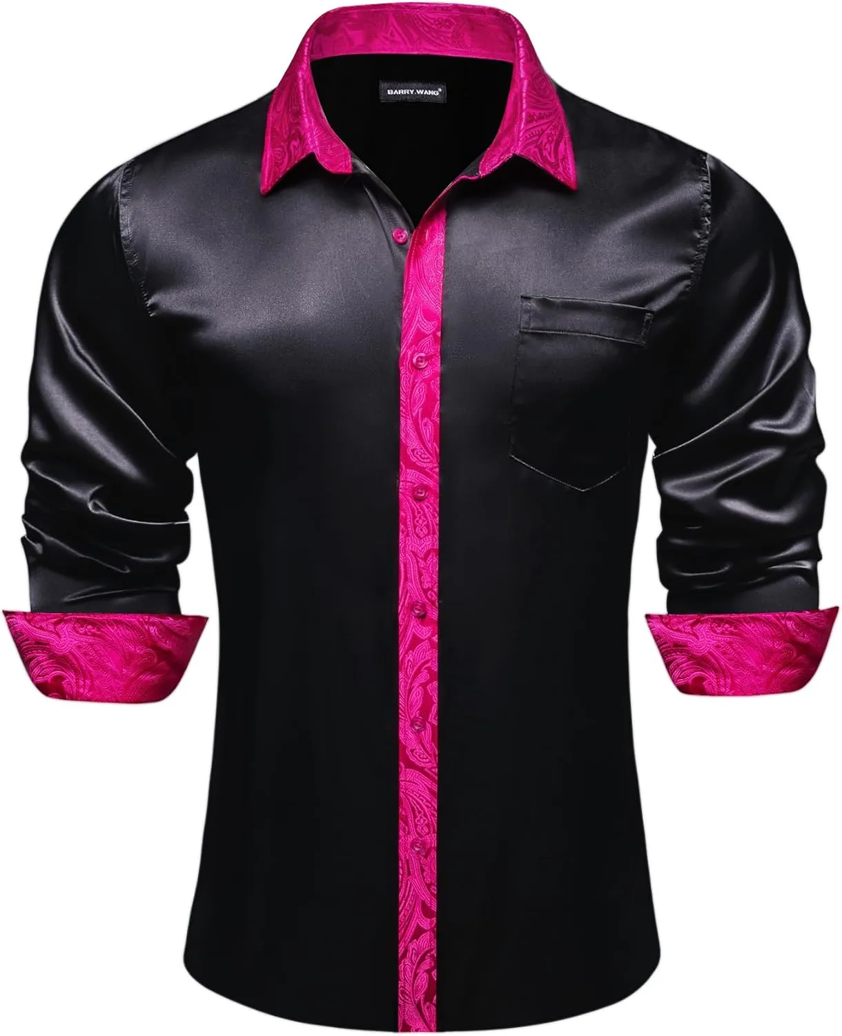 Barry.Wang Mens Satin Silk Shirts Long Sleeve Designer Dress Shirt Shiny Untucked Casual Button Down Shirt Party Disco Formal