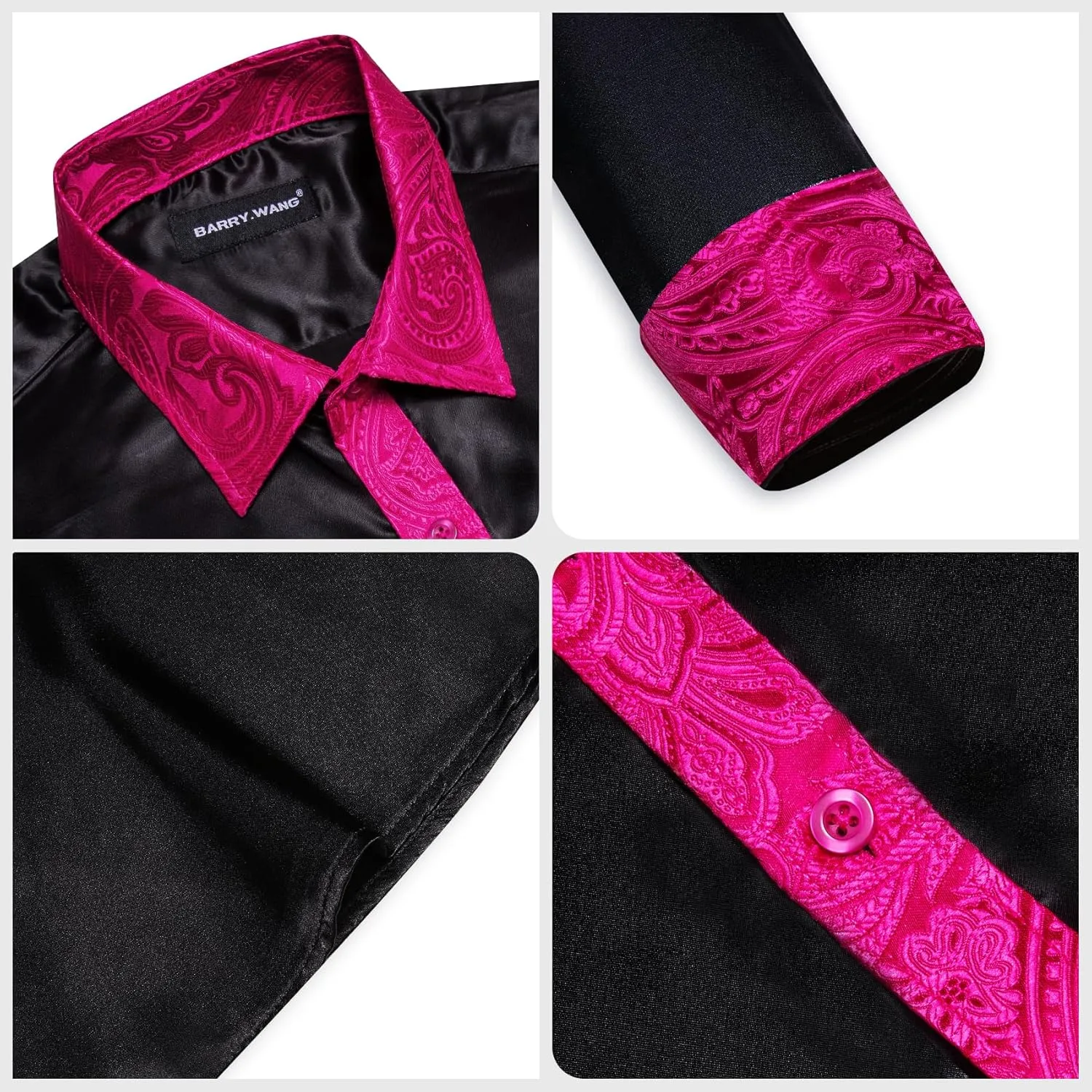 Barry.Wang Mens Satin Silk Shirts Long Sleeve Designer Dress Shirt Shiny Untucked Casual Button Down Shirt Party Disco Formal