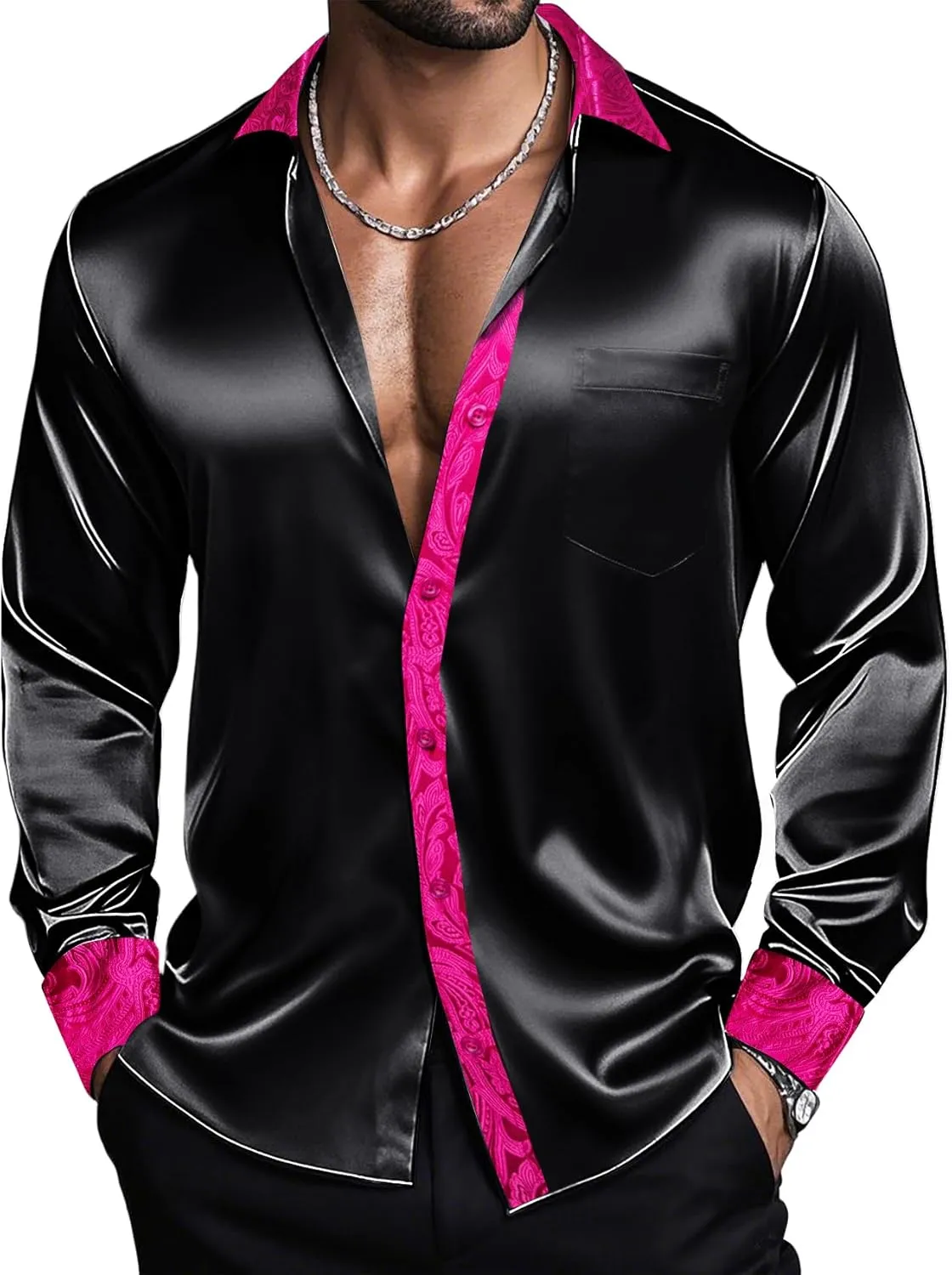 Barry.Wang Mens Satin Silk Shirts Long Sleeve Designer Dress Shirt Shiny Untucked Casual Button Down Shirt Party Disco Formal