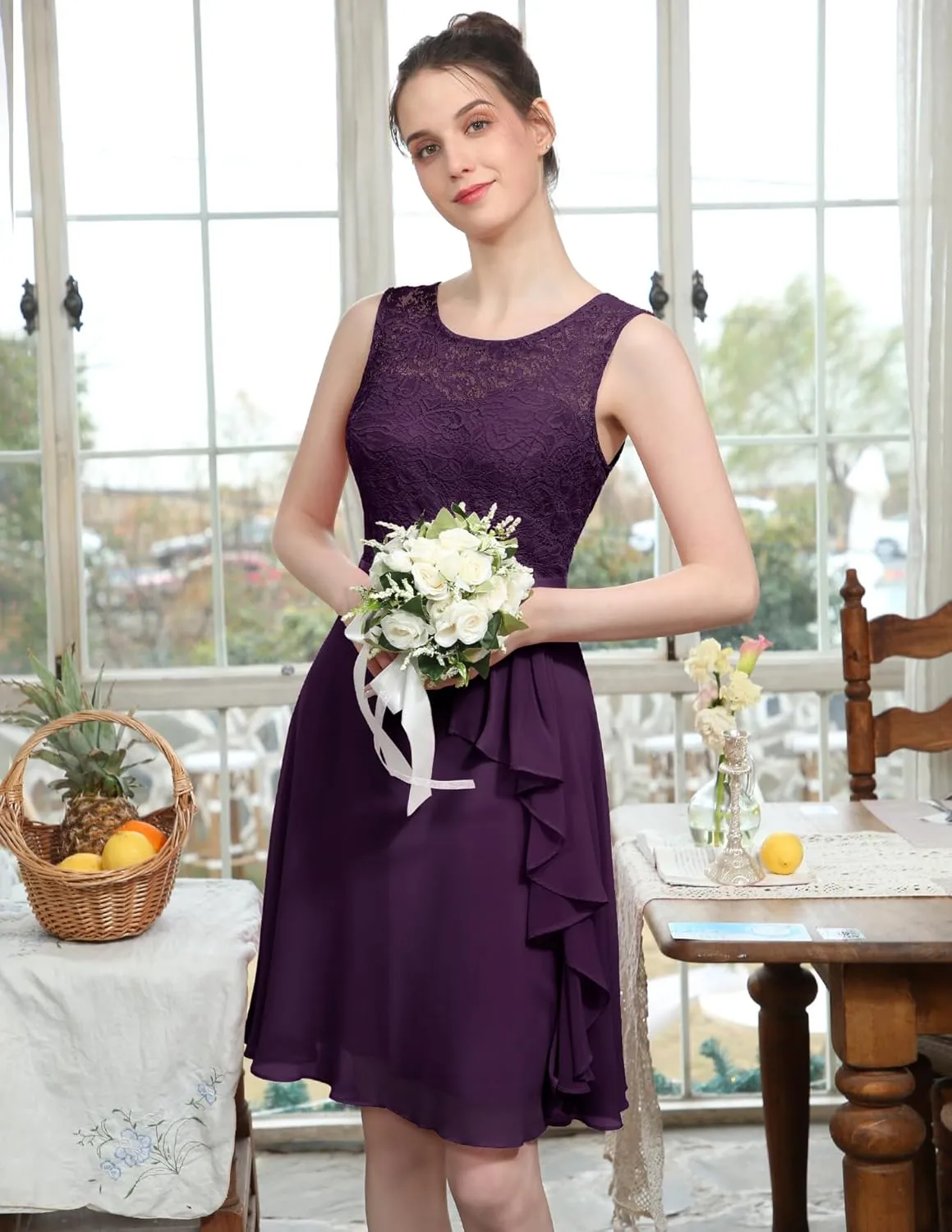 BeryLove Women's Cocktail Dresses Prom Wedding Guest Short Bridesmaid Dresses Ruffle Hem Sleeveless Lace Formal Dress