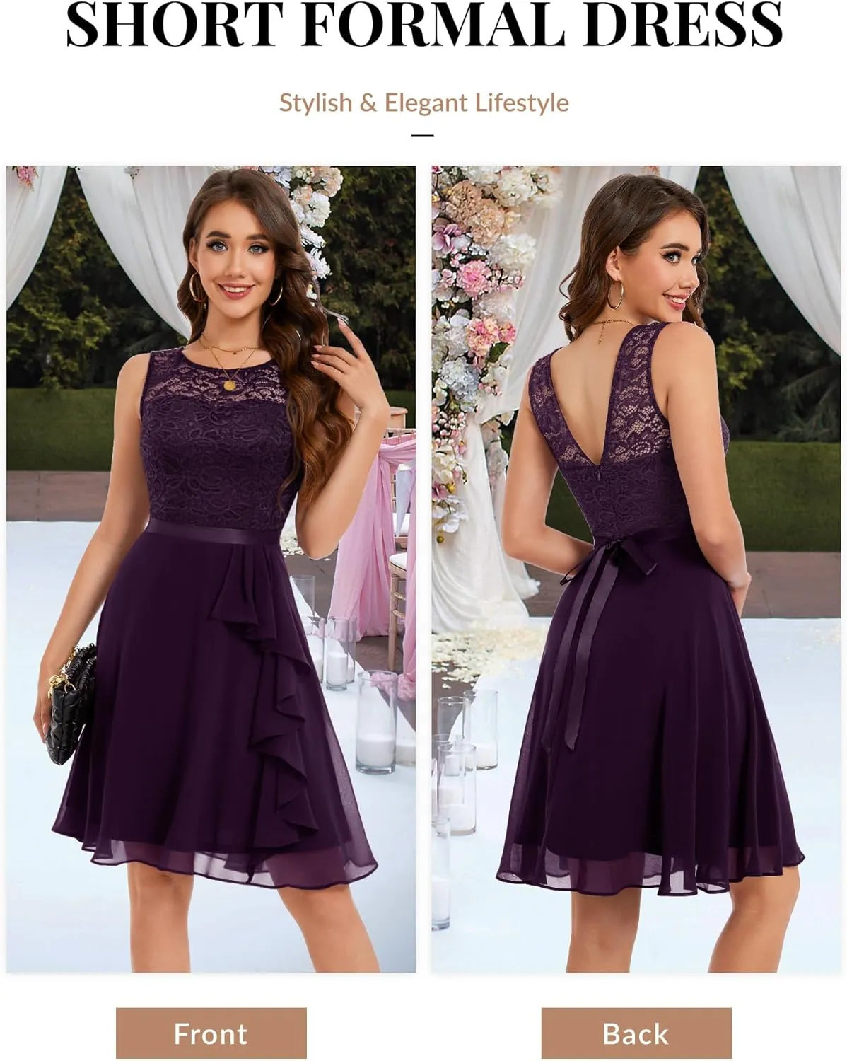 BeryLove Women's Cocktail Dresses Prom Wedding Guest Short Bridesmaid Dresses Ruffle Hem Sleeveless Lace Formal Dress
