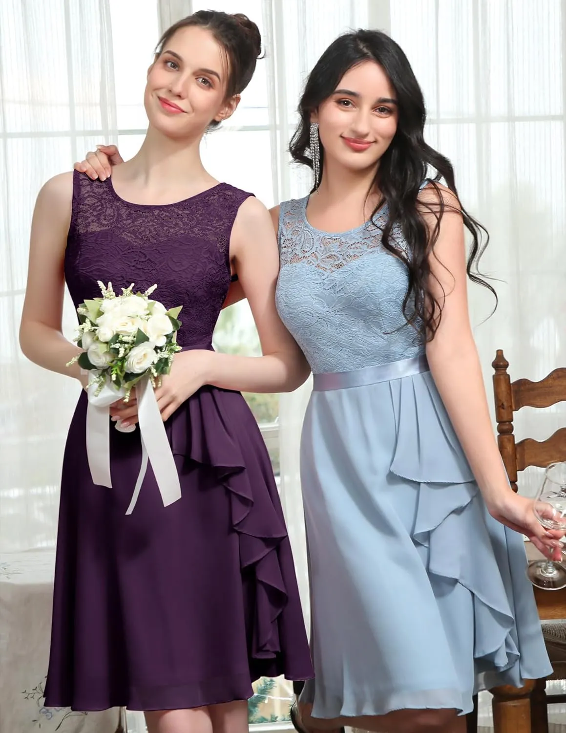 BeryLove Women's Cocktail Dresses Prom Wedding Guest Short Bridesmaid Dresses Ruffle Hem Sleeveless Lace Formal Dress