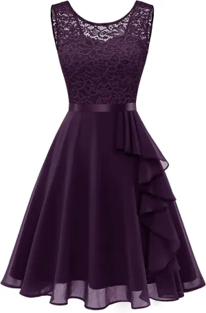 BeryLove Women's Cocktail Dresses Prom Wedding Guest Short Bridesmaid Dresses Ruffle Hem Sleeveless Lace Formal Dress