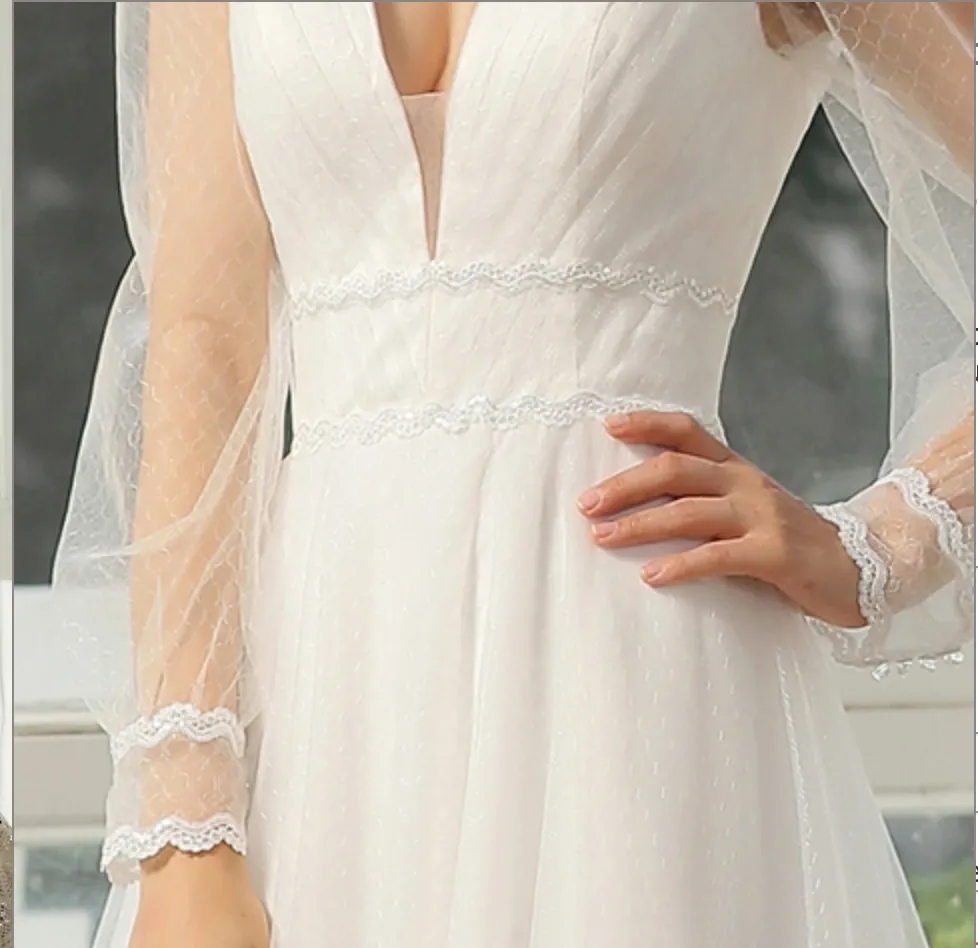 Bishop Long Sleeve Ruched Illusion V-Neckline Bridal Gown