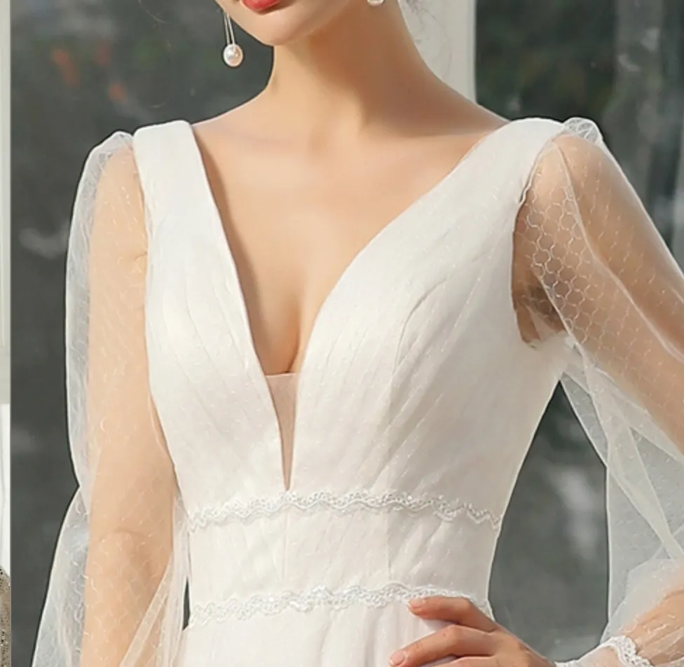 Bishop Long Sleeve Ruched Illusion V-Neckline Bridal Gown