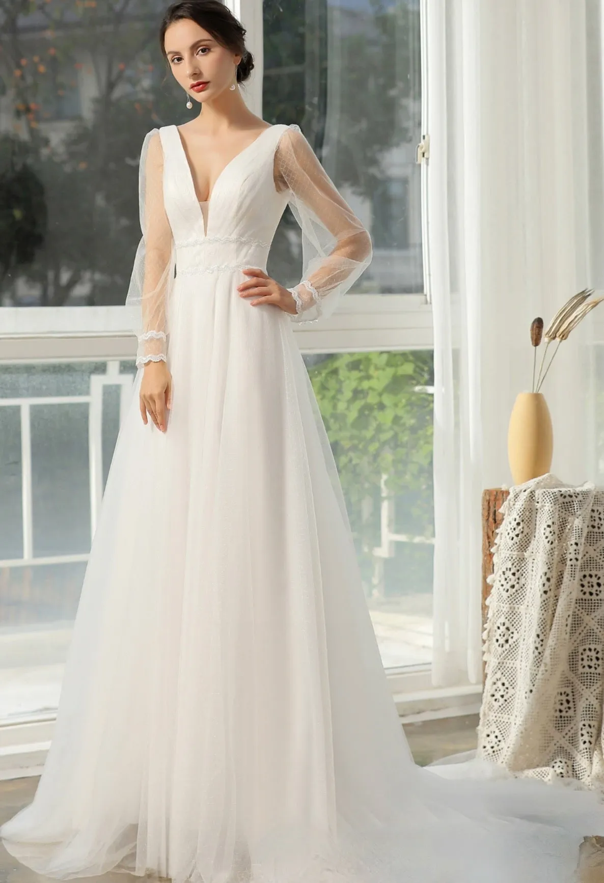 Bishop Long Sleeve Ruched Illusion V-Neckline Bridal Gown