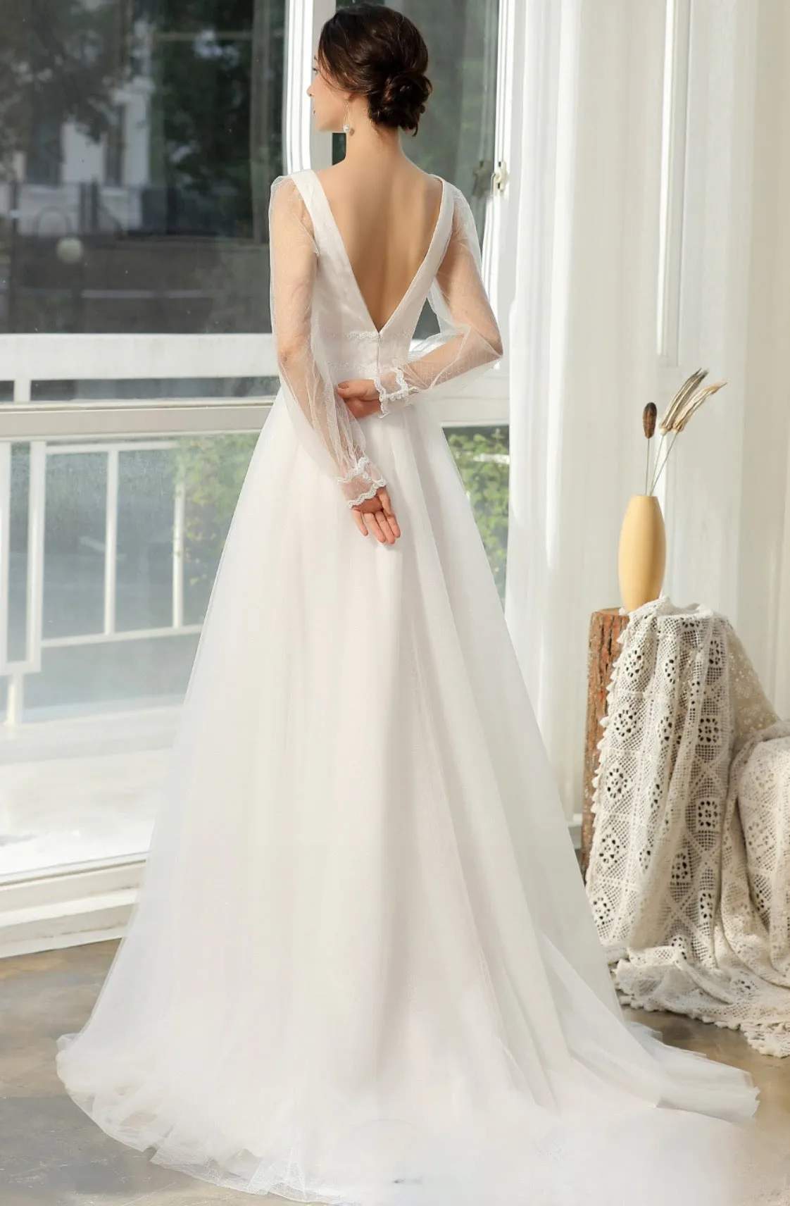 Bishop Long Sleeve Ruched Illusion V-Neckline Bridal Gown