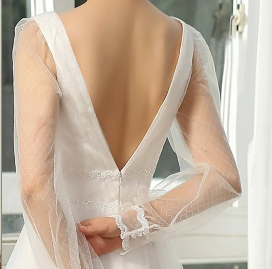 Bishop Long Sleeve Ruched Illusion V-Neckline Bridal Gown