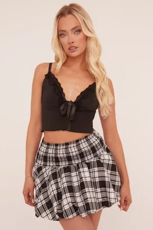 Black Check Print Shirring Detail Puffball Mini Skirt - Alona